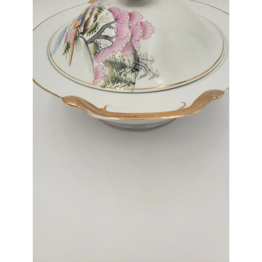 Kutani China Tureen Japan Bridge Textured pink trees KUT21‎ bowl lid AS-IS